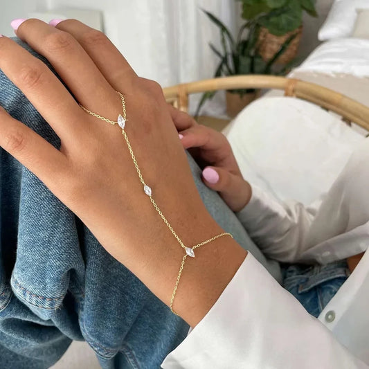 Bohemian Crystal Rhombus Bracelet with Finger Chain – Elegant Party Jewelry for Women