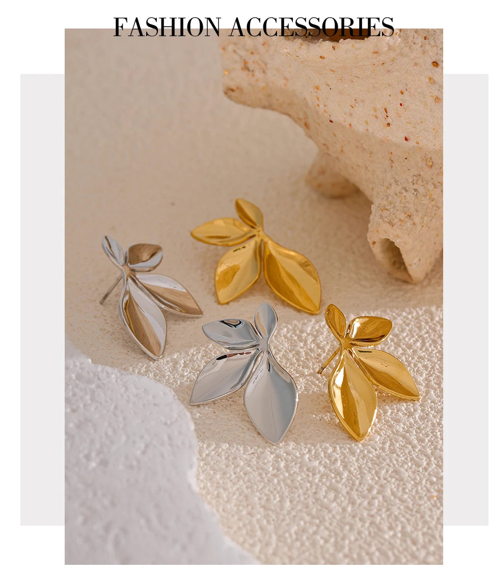 Gold Plated Stainless Steel Leaf Flower Stud Earrings – Waterproof & Hypoallergenic Jewelry for Women