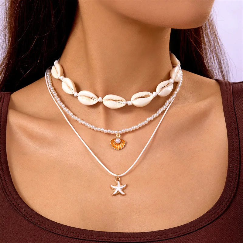 Collier coquillage bohème pour femme – Pendentif coquillage et étoile de mer