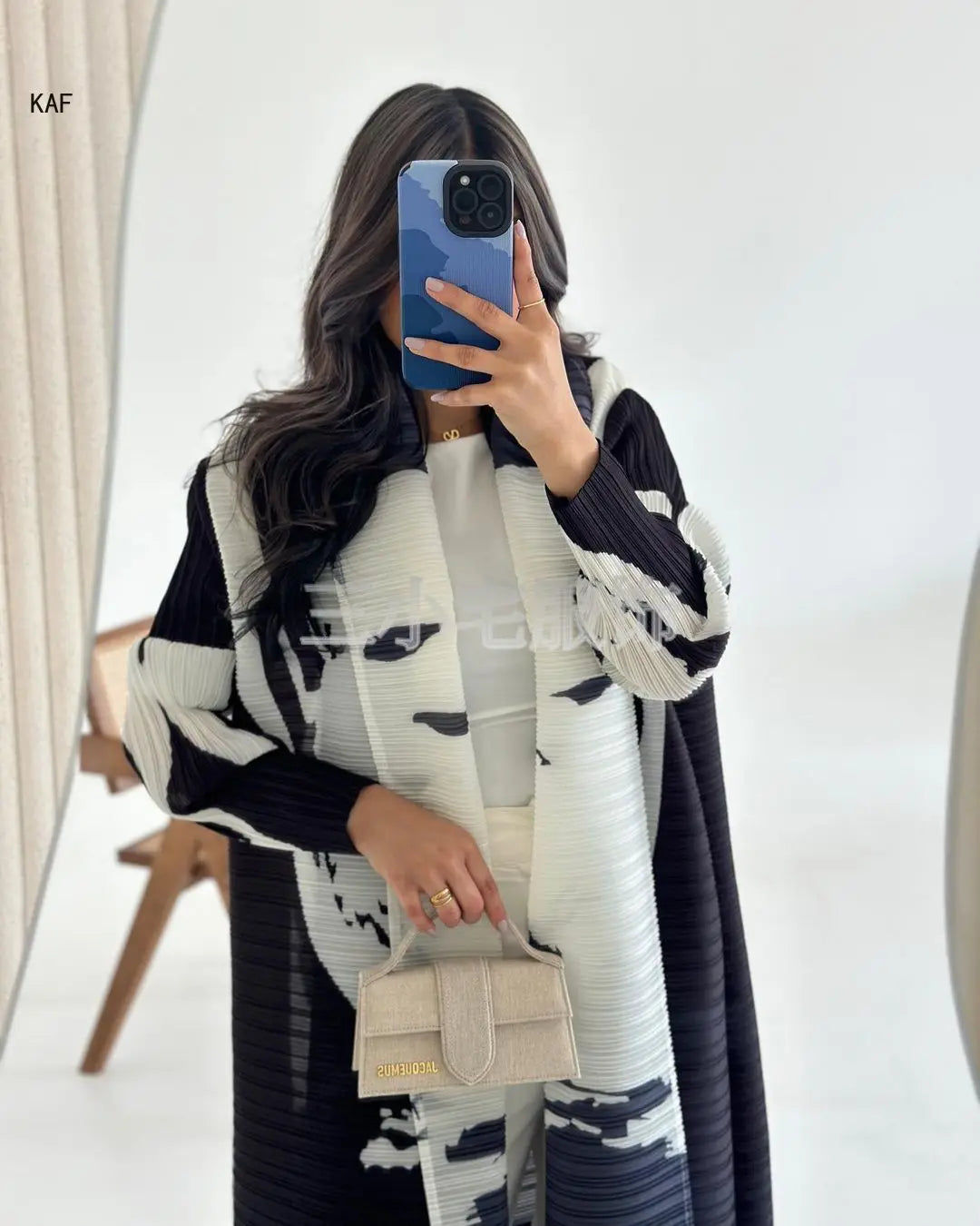Elariah Retro Printed Pleated Abaya Coat – Belted Chiffon Maxi Modest Windbreaker Jacket for Women (One Size)