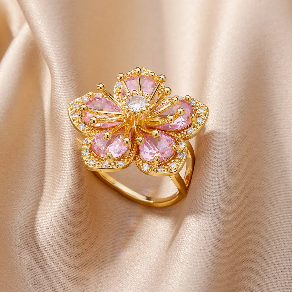 Luxury Gold-Plated Heart Ring with Colorful Zircon Stones – Adjustable Stainless Steel Cocktail Ring for Women