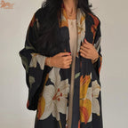 Abaya Elariah Femme Ouverte à Imprimé Floral avec Voile Assorti – Cardigan Maxi Modeste Kaftan, Polyester Noir