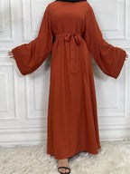 Elegant Modest Maxi Dress with Waist Tie – Long Sleeve Woven Abaya Style Dress for Women (All Season)