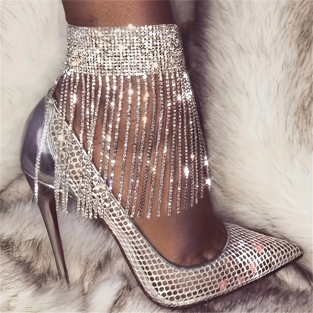 Bracelet de cheville à pampilles et strass pour femme – Bracelet de cheville à chaîne en cristal étincelant, bijou de pied élégant pour les fêtes et les mariages