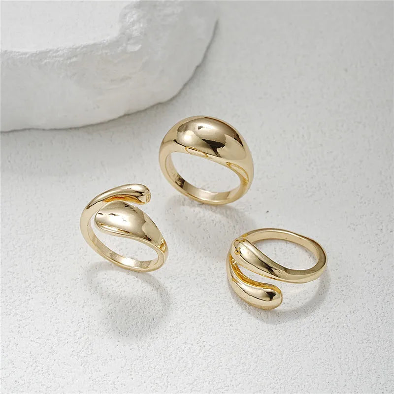3-Piece Gold Plated Geometric Open Ring Set – Chunky, Irregular & Trendy Statement Rings for Women