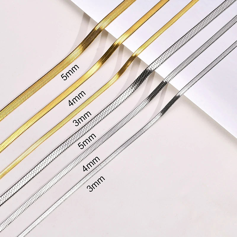 Classic Flat Snake Chain Choker Necklace – Stainless Steel Herringbone Design in Gold & Silver