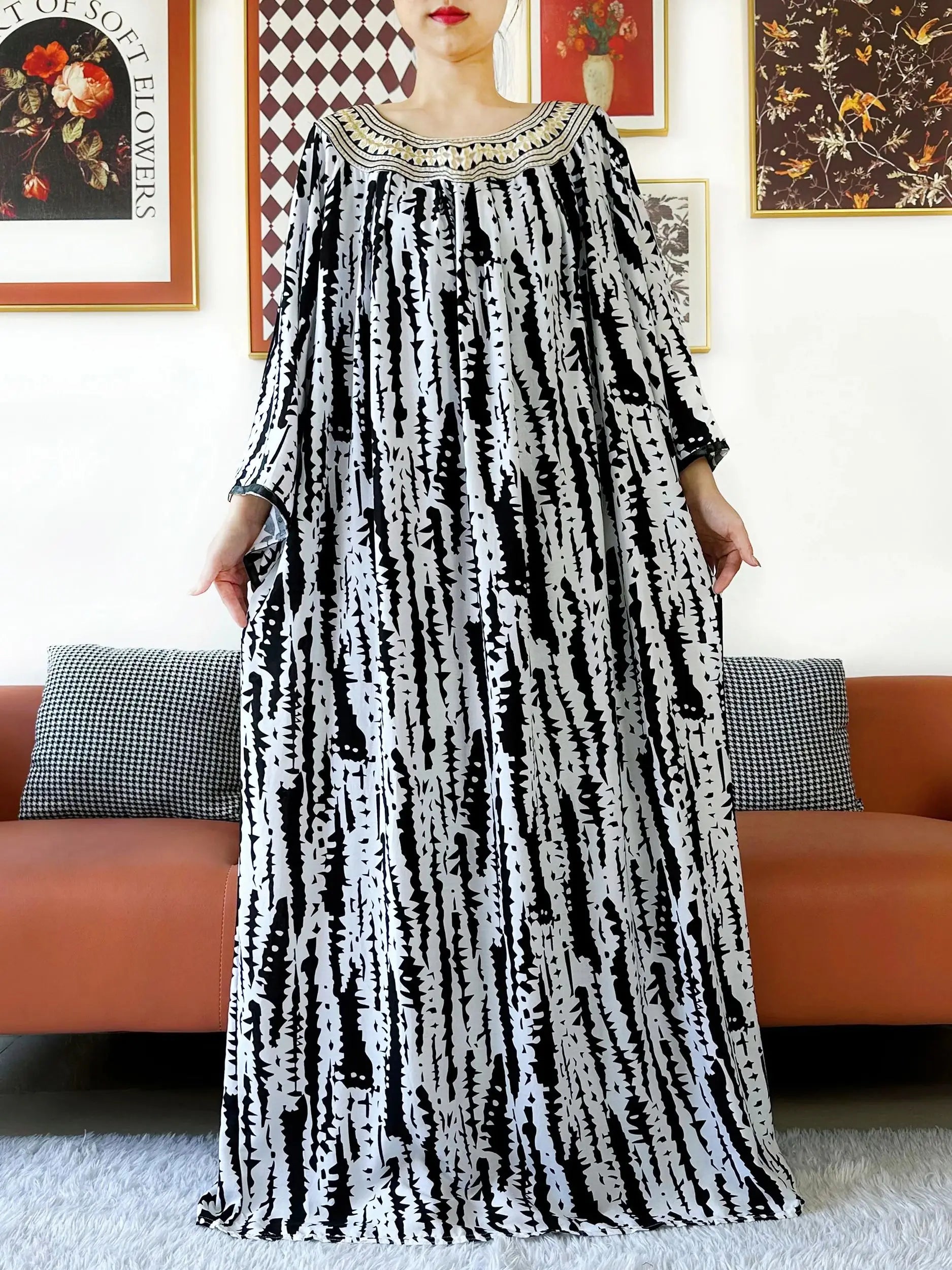 Embroidered Cotton Abaya Dress – Loose Boho Maxi Kaftan with Tassel Detail (One Size, 6 Colours)