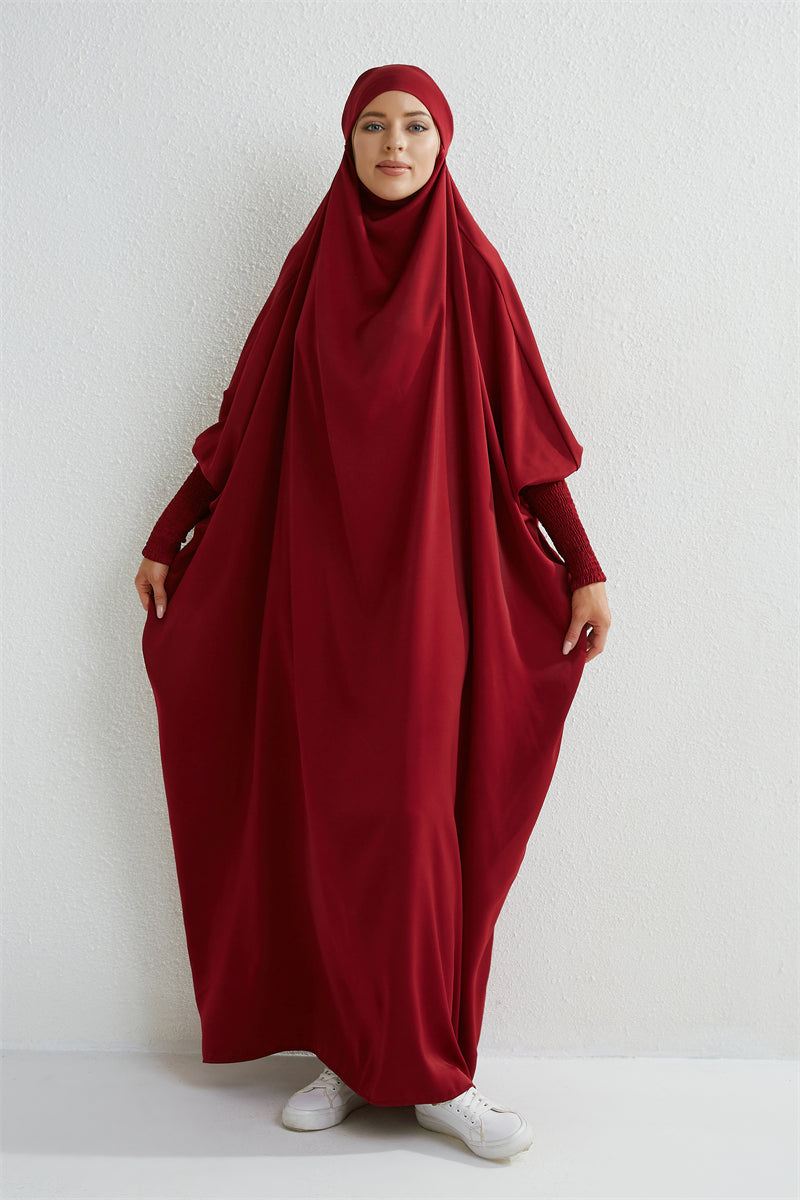 Elariah Hooded Modest Abaya Dress – Loose Fit One-Piece Jilbab with Smocked Sleeves (Black)