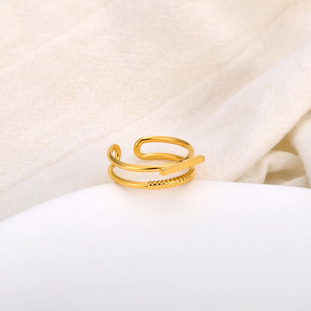 Bague JeeMango en acier inoxydable à double cercle pour femme – Plaqué or 18 carats, étanche, bijou tendance