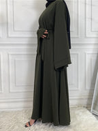 Elegant Modest Maxi Dress with Waist Tie – Long Sleeve Woven Abaya Style Dress for Women (All Season)