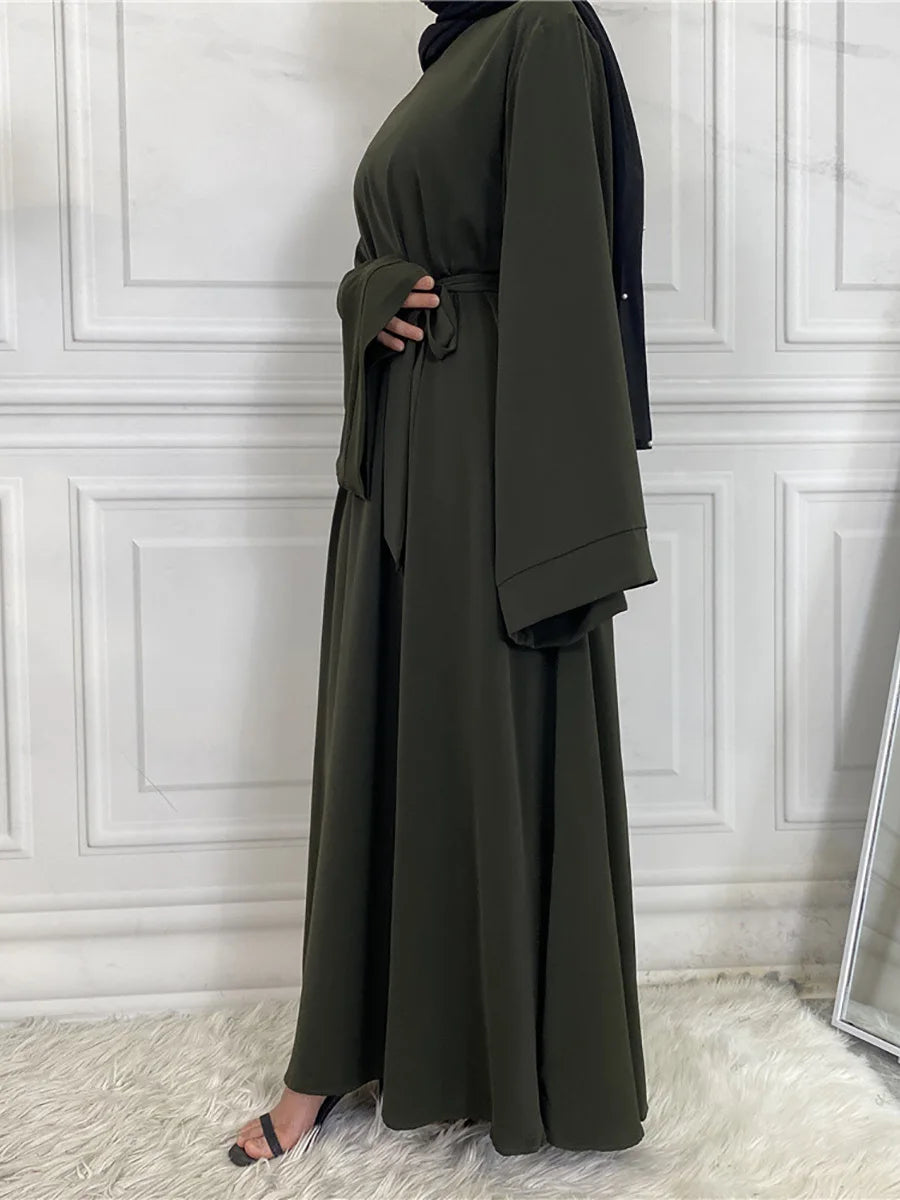 Elegant Modest Maxi Dress with Waist Tie – Long Sleeve Woven Abaya Style Dress for Women (All Season)