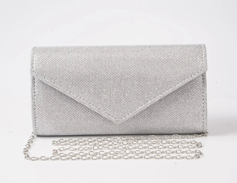 Elariah Shimmer Envelope Clutch Bag – Silver Glitter Evening Handbag with Chain Strap for Weddings & Party Wear