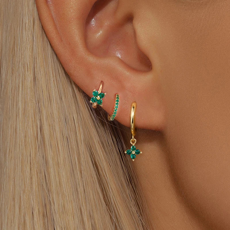 Ensemble de 3 boucles d'oreilles pendantes en acier inoxydable avec zircon cubique – Boucles d'oreilles florales hypoallergéniques pour femmes
