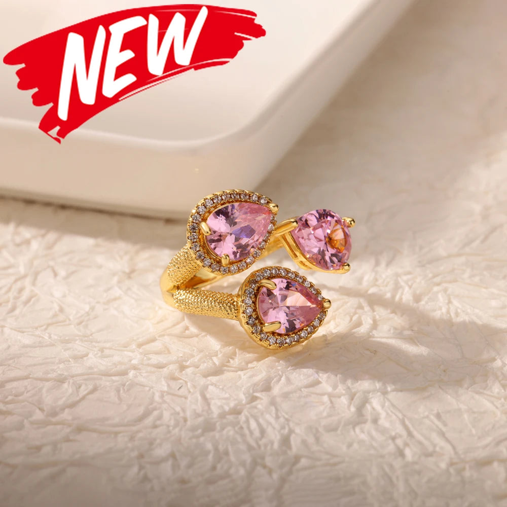 Bague cœur plaquée or de luxe avec zircones colorées – Bague cocktail ajustable en acier inoxydable pour femme