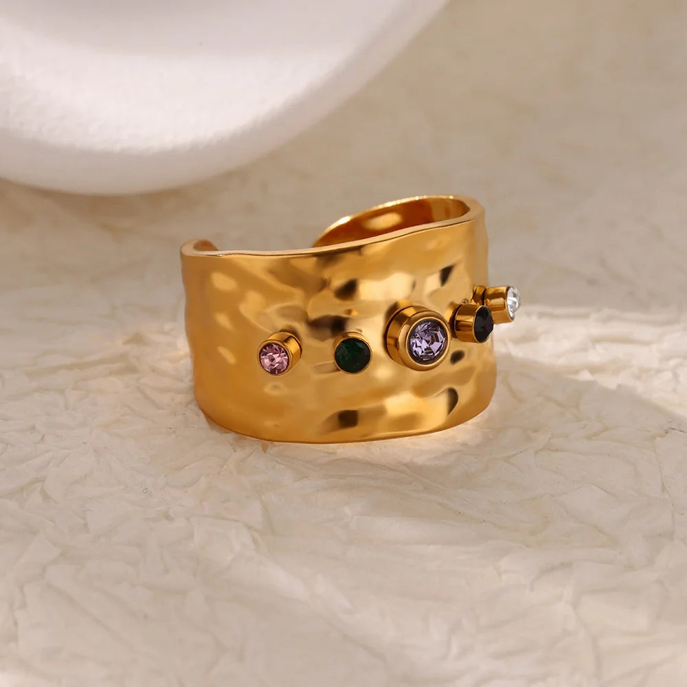 Bague cœur plaquée or de luxe avec zircones colorées – Bague cocktail ajustable en acier inoxydable pour femme