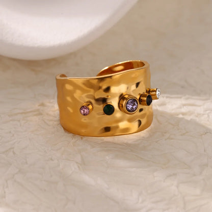 Luxury Gold-Plated Heart Ring with Colorful Zircon Stones – Adjustable Stainless Steel Cocktail Ring for Women