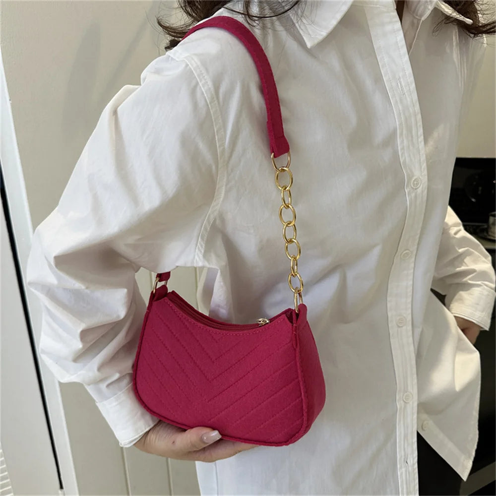 Bolso retro para mujer, tipo axila, de fieltro, de color liso, para hombro, informal, tipo bola de masa, sencillo, a la moda