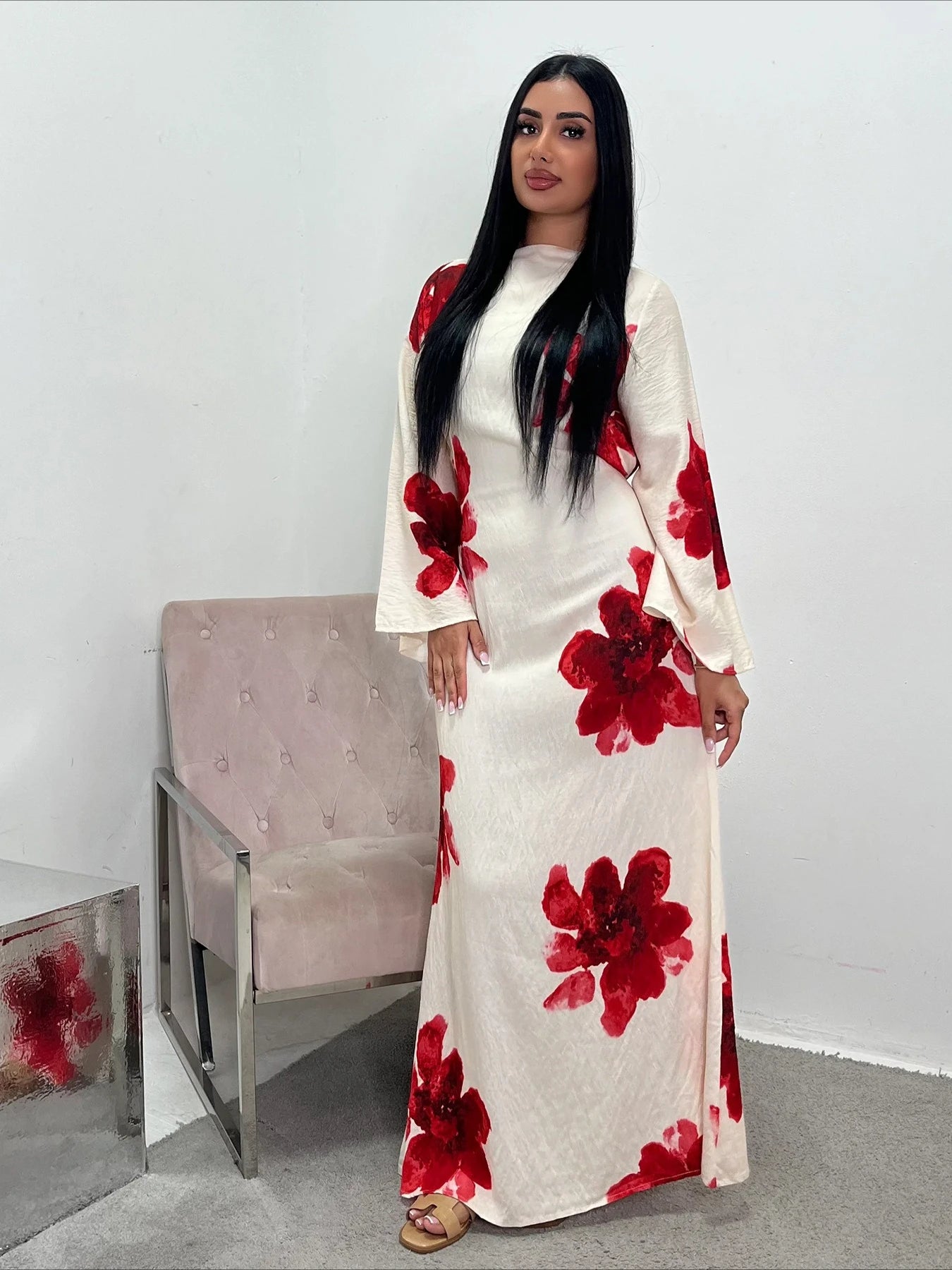 Elariah Floral Print Modest Kaftan Abaya Dress – Long Sleeve Maxi Jalabiya for Eid, Ramadan & Special Occasions