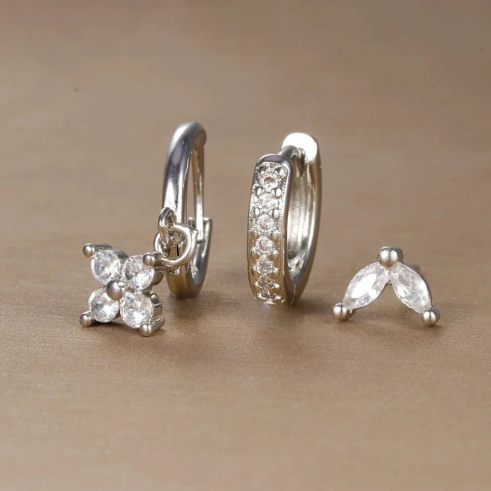 Ensemble de 3 boucles d'oreilles pendantes en acier inoxydable avec zircon cubique – Boucles d'oreilles florales hypoallergéniques pour femmes