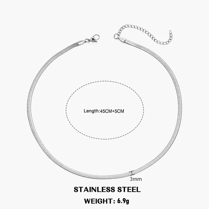 Classic Flat Snake Chain Choker Necklace – Stainless Steel Herringbone Design in Gold & Silver