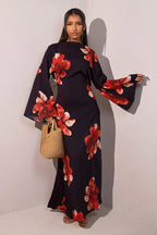 Elariah Floral Print Modest Kaftan Abaya Dress – Long Sleeve Maxi Jalabiya for Eid, Ramadan & Special Occasions