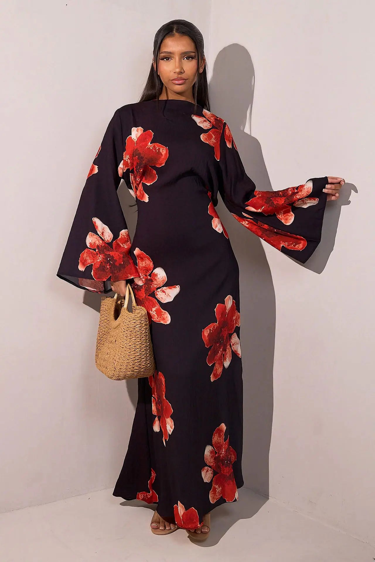 Elariah Floral Print Modest Kaftan Abaya Dress – Long Sleeve Maxi Jalabiya for Eid, Ramadan & Special Occasions