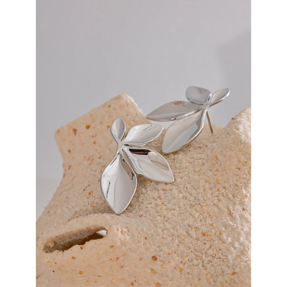 Gold Plated Stainless Steel Leaf Flower Stud Earrings – Waterproof & Hypoallergenic Jewelry for Women