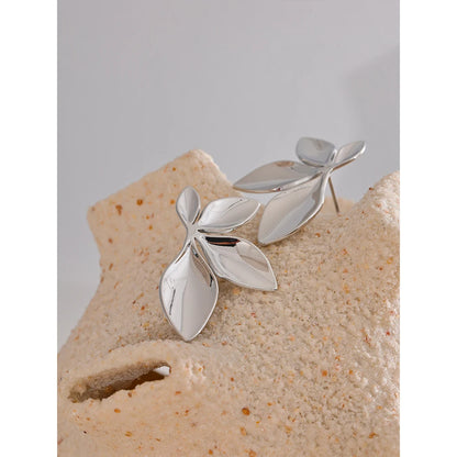 Gold Plated Stainless Steel Leaf Flower Stud Earrings – Waterproof & Hypoallergenic Jewelry for Women