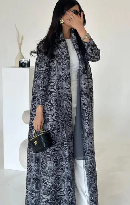 Elariah Retro Printed Pleated Abaya Coat – Belted Chiffon Maxi Modest Windbreaker Jacket for Women (One Size)