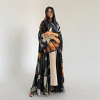 Abaya Elariah Femme Ouverte à Imprimé Floral avec Voile Assorti – Cardigan Maxi Modeste Kaftan, Polyester Noir