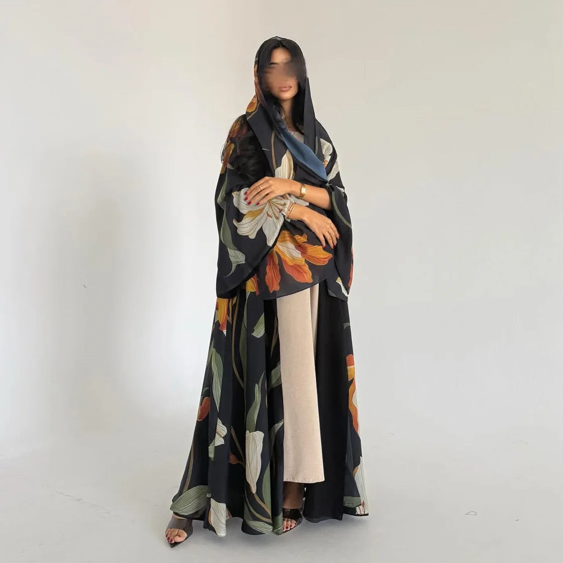 Abaya Elariah Femme Ouverte à Imprimé Floral avec Voile Assorti – Cardigan Maxi Modeste Kaftan, Polyester Noir