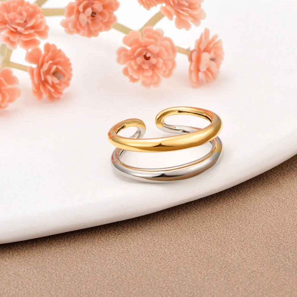 Bague JeeMango en acier inoxydable à double cercle pour femme – Plaqué or 18 carats, étanche, bijou tendance