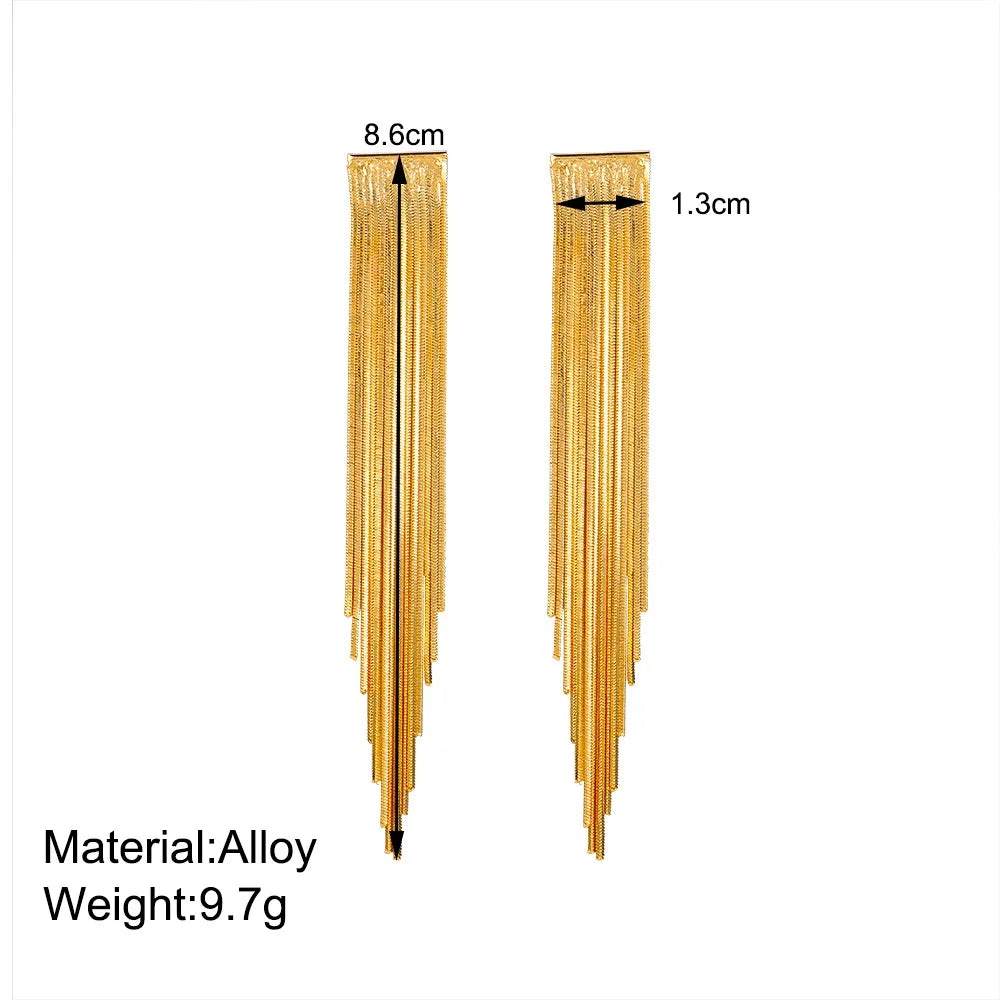 Gold Bling Tassel Statement Earrings – Elegant Long Drop Design for Women