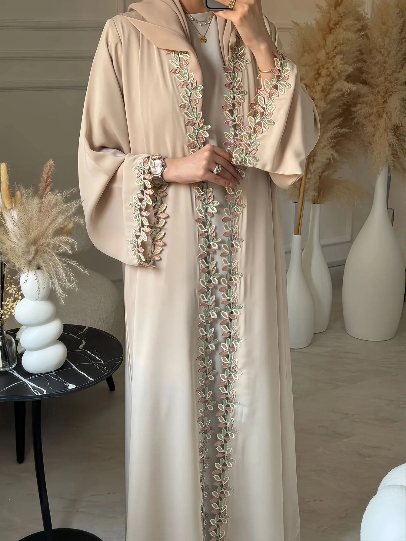 Elegant Beige Embroidered Abaya for Women – Dubai Style Modest Open Front Maxi Dress with Multicolour Detailing (All-Season)