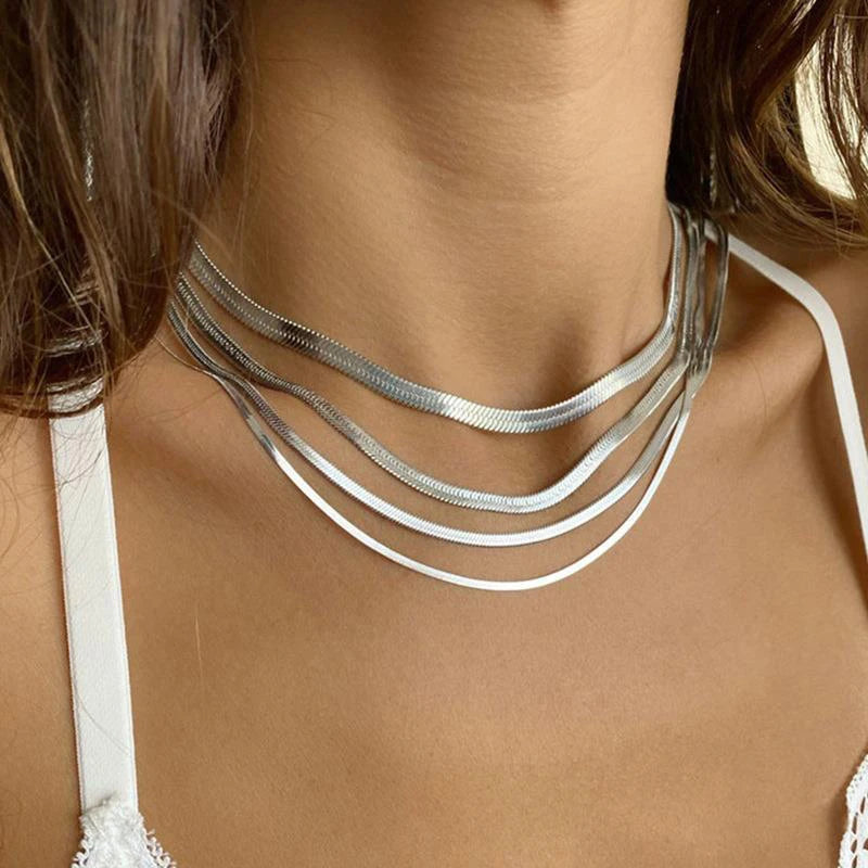 Classic Flat Snake Chain Choker Necklace – Stainless Steel Herringbone Design in Gold & Silver