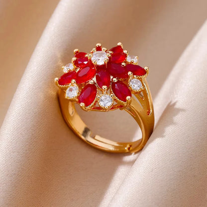 Luxury Gold-Plated Heart Ring with Colorful Zircon Stones – Adjustable Stainless Steel Cocktail Ring for Women
