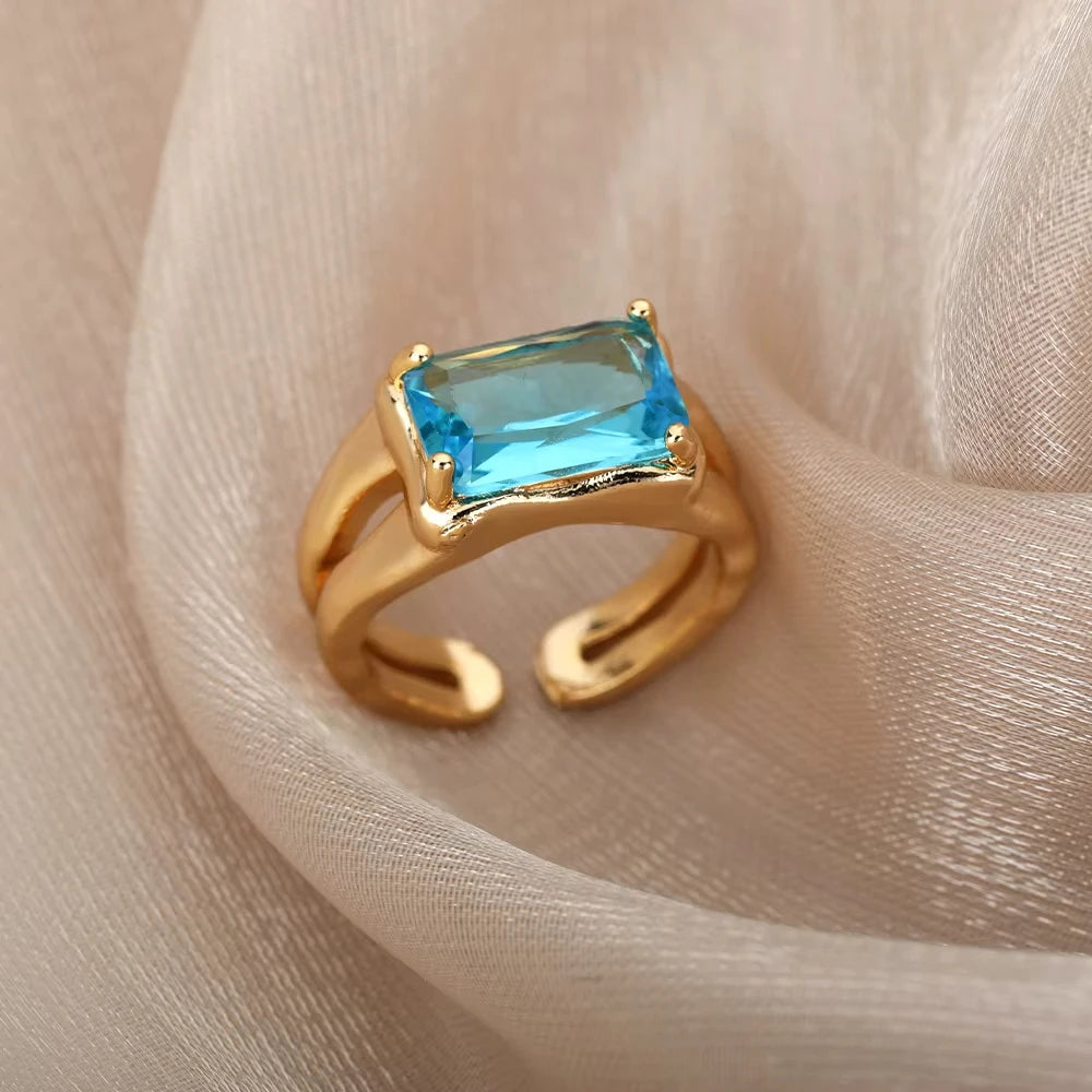 Bague cœur plaquée or de luxe avec zircones colorées – Bague cocktail ajustable en acier inoxydable pour femme
