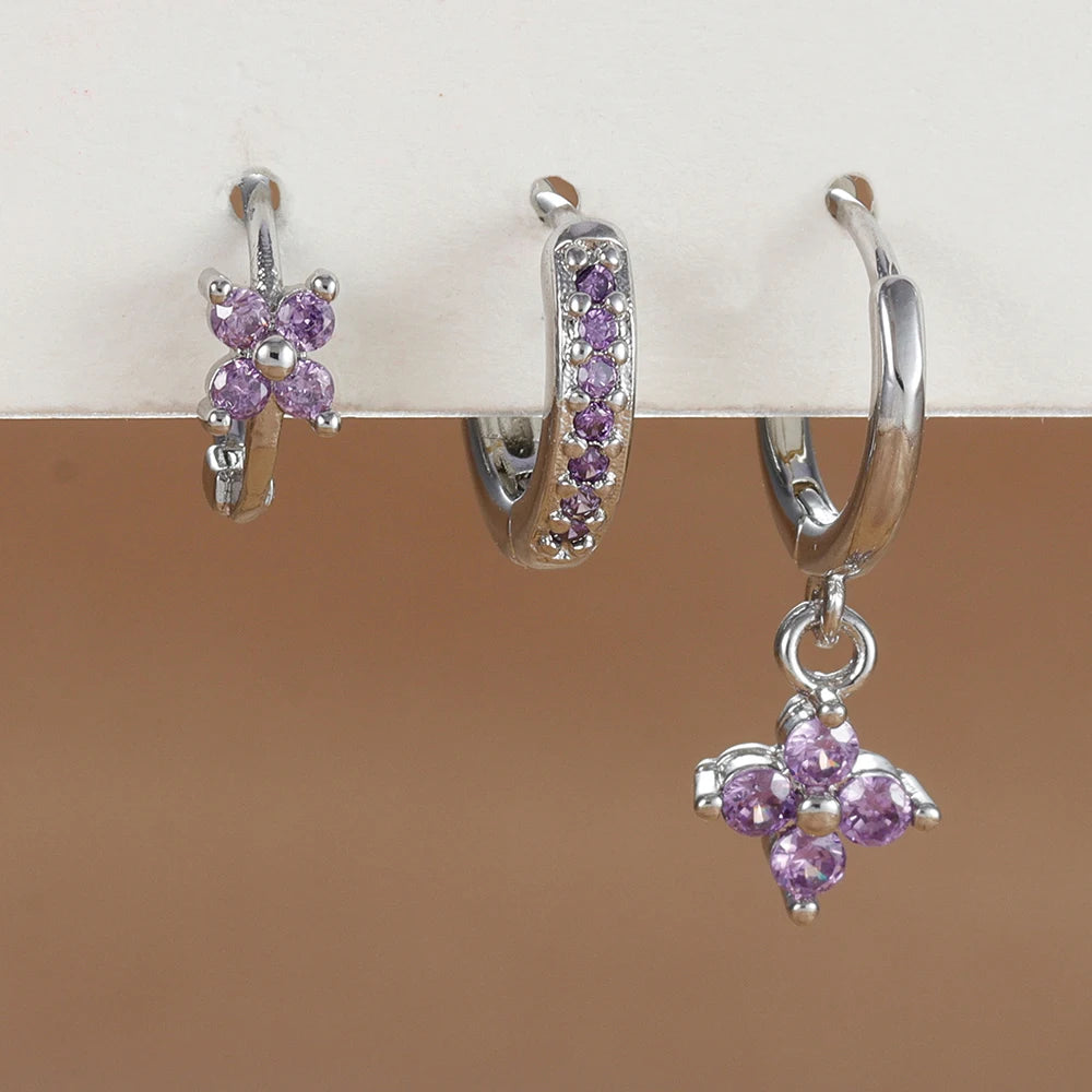 Ensemble de 3 boucles d'oreilles pendantes en acier inoxydable avec zircon cubique – Boucles d'oreilles florales hypoallergéniques pour femmes