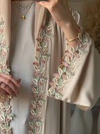 Elegant Beige Embroidered Abaya for Women – Dubai Style Modest Open Front Maxi Dress with Multicolour Detailing (All-Season)