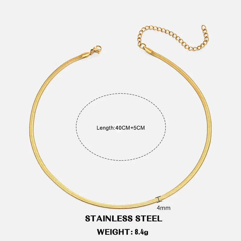 Classic Flat Snake Chain Choker Necklace – Stainless Steel Herringbone Design in Gold & Silver