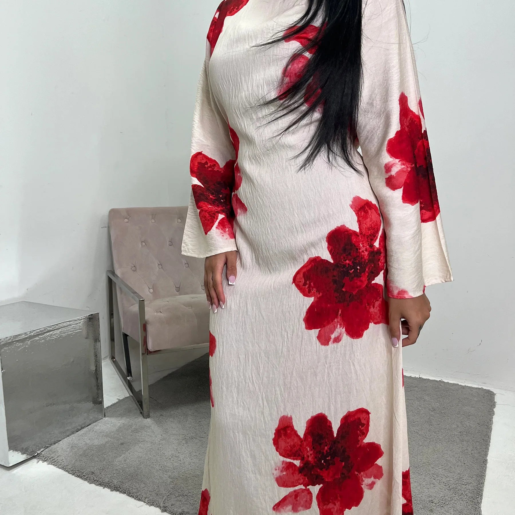 Elariah Arabesque Floral Bell Sleeve Abaya Dress – Elegant Modest Maxi Kaftan for Eid, Ramadan & Occasion Wear