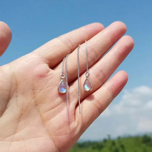 Elegant Teardrop Moonstone Threader Earrings – Long Chain Dangle Style for Women