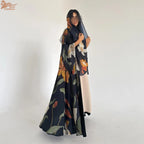 Abaya Elariah Femme Ouverte à Imprimé Floral avec Voile Assorti – Cardigan Maxi Modeste Kaftan, Polyester Noir