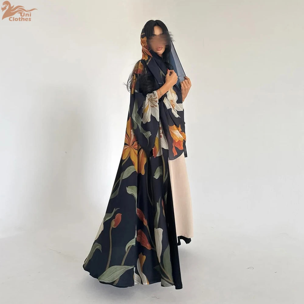 Abaya Elariah Femme Ouverte à Imprimé Floral avec Voile Assorti – Cardigan Maxi Modeste Kaftan, Polyester Noir