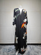 Abaya Elariah Femme Ouverte à Imprimé Floral avec Voile Assorti – Cardigan Maxi Modeste Kaftan, Polyester Noir