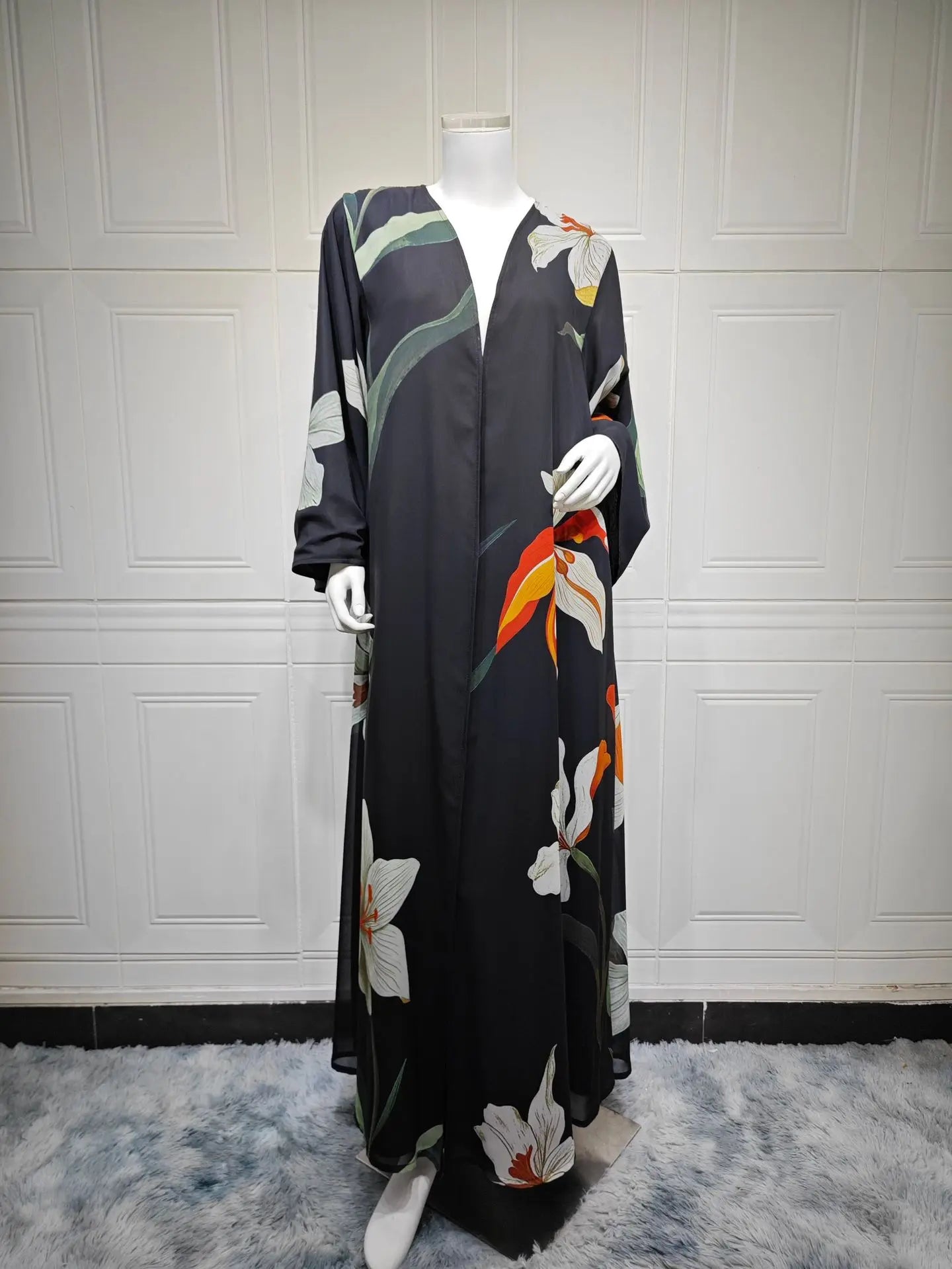 Abaya Elariah Femme Ouverte à Imprimé Floral avec Voile Assorti – Cardigan Maxi Modeste Kaftan, Polyester Noir