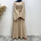 Elegant Modest Maxi Dress with Waist Tie – Long Sleeve Woven Abaya Style Dress for Women (All Season)