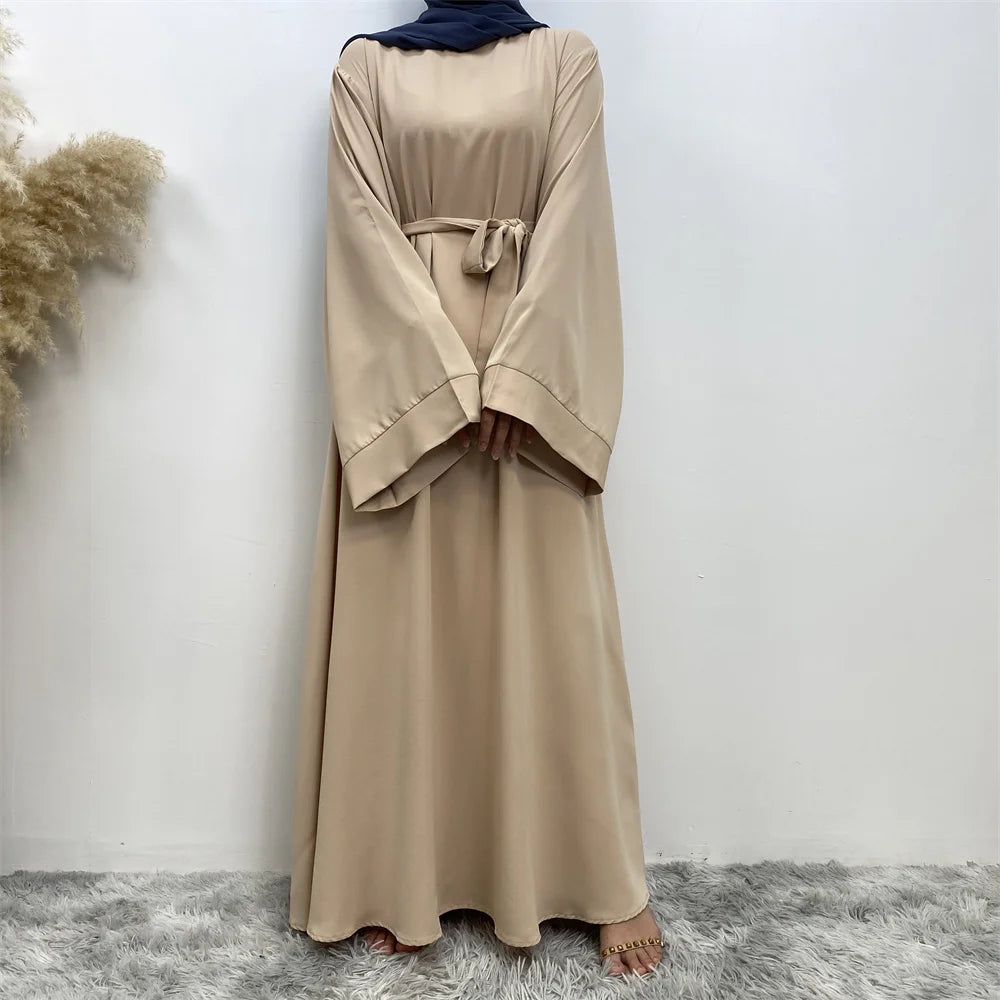 Elegant Modest Maxi Dress with Waist Tie – Long Sleeve Woven Abaya Style Dress for Women (All Season)