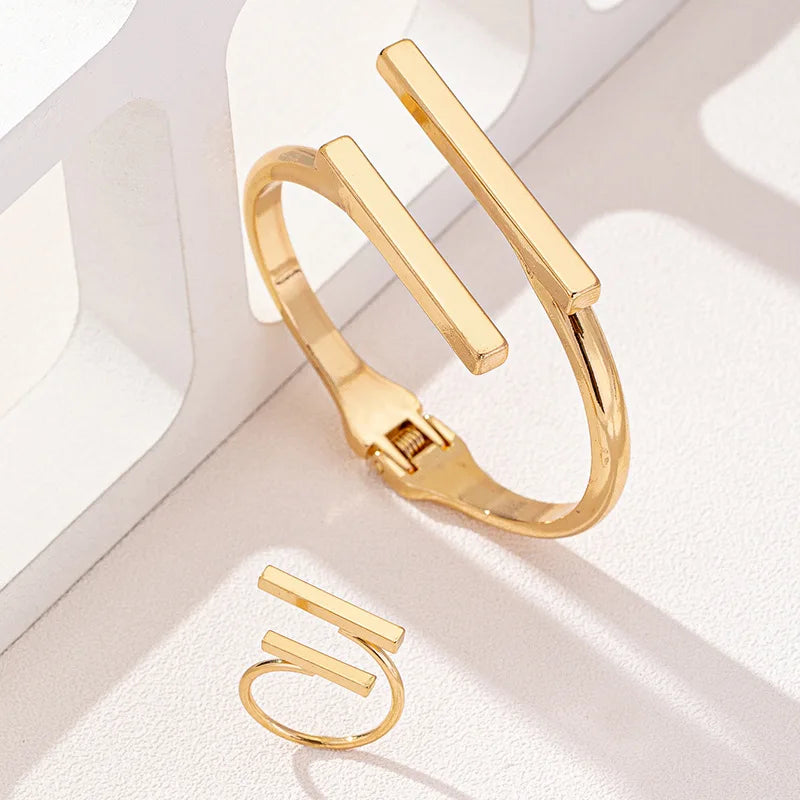 Ensemble bracelet et bague géométriques ouverts pour femme – Bracelet jonc minimaliste en acier inoxydable et bague ajustable
