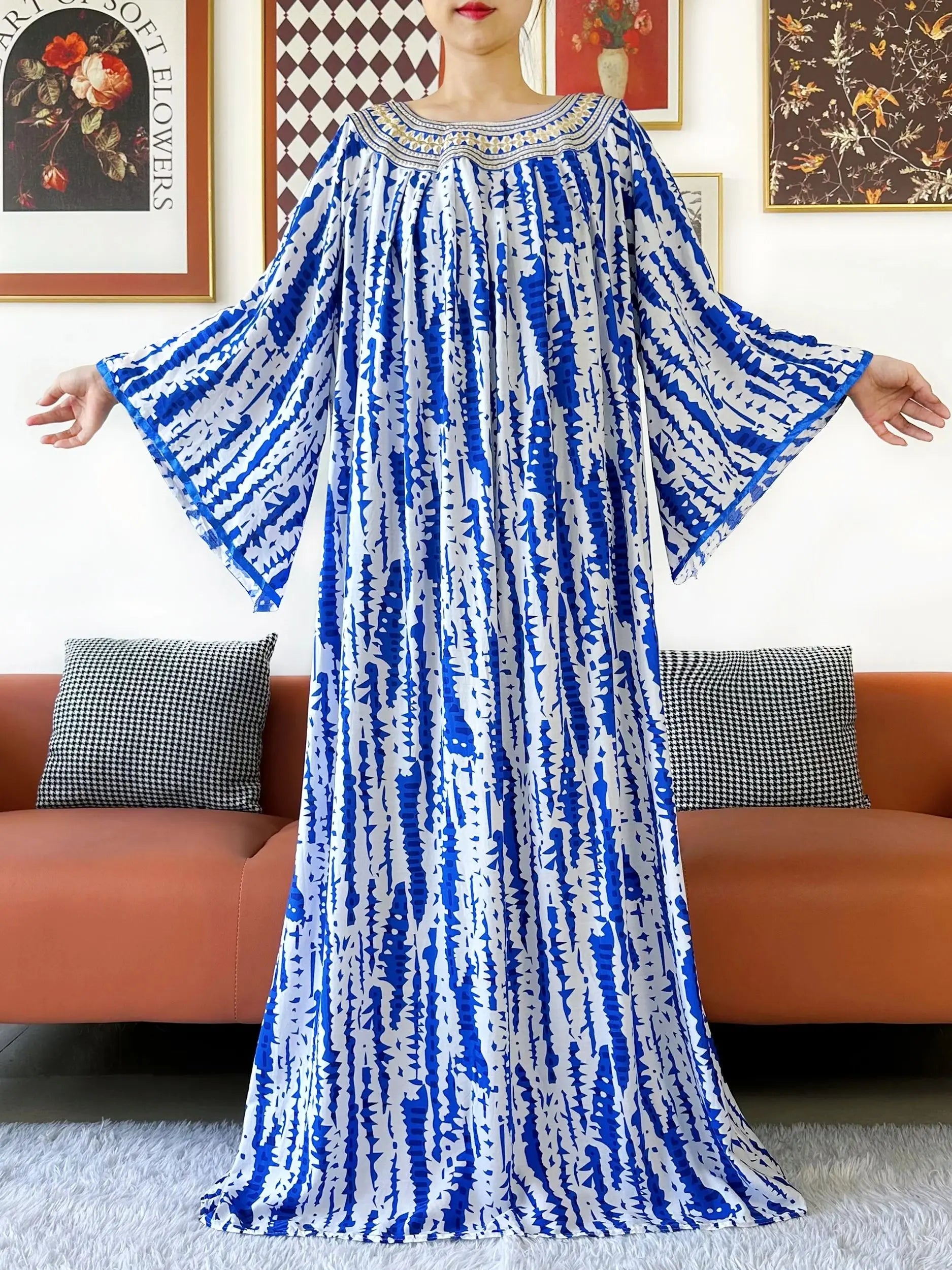 Embroidered Cotton Abaya Dress – Loose Boho Maxi Kaftan with Tassel Detail (One Size, 6 Colours)